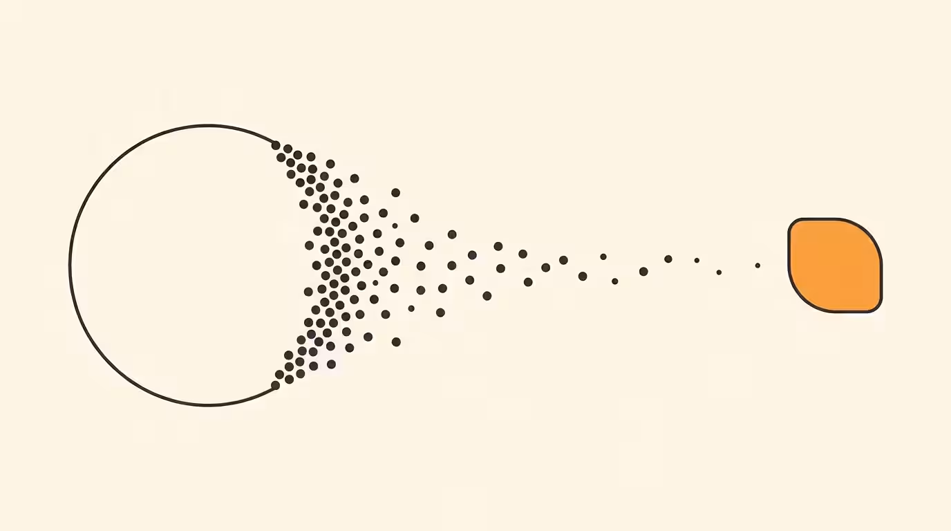 Editorial diagrammatic illustration: a layered data-pipeline diagram with several branching paths leading to terminated dead-ends, and a single tall central pillar with a brand-orange circle at its apex, on cream paper background.