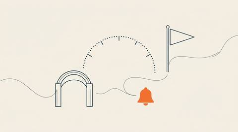 Ink line illustration of a school gate arch, an enrolment timeline arc, and a pennant pole, with a small solid orange school bell.
