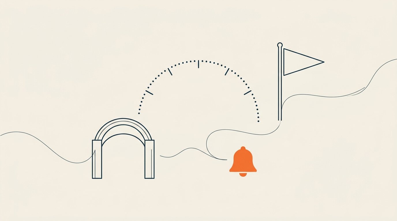 Private school admissions marketing for parents: ink line illustration of a school gate arch, an enrolment timeline arc, and a pennant pole, with a small solid orange school bell.