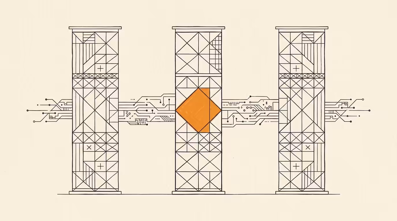 2D line illustration on cream paper of three geometric columns representing agency trading desk, in-house DSP seat, and AI-native consultancy, connected by horizontal rule lines, warm brand orange accent shape on centre column, ink line-art style.
