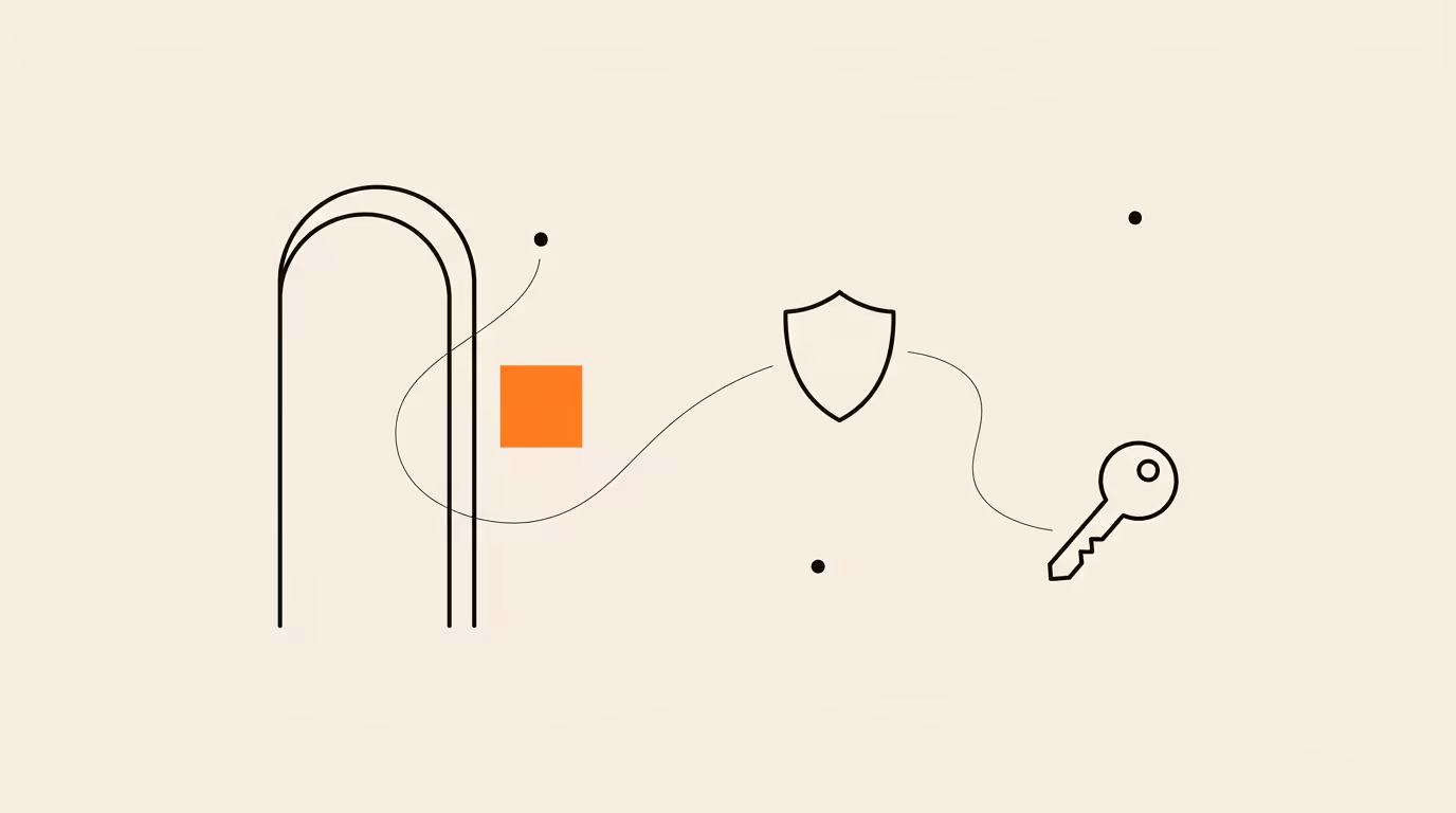 Line illustration of a gateway arch, a security shield, and a key connected by a wavy line with a single flat orange clearance badge, on warm cream paper.