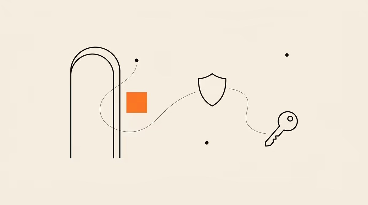Line illustration of a gateway arch, a security shield, and a key connected by a wavy line with a single flat orange clearance badge, on warm cream paper.