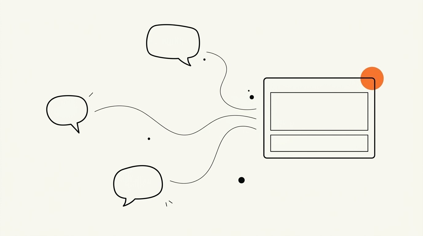 Three speech-bubble channels feeding wavy connector lines into a single dashboard panel with a brand-orange status dot, line illustration on cream paper.