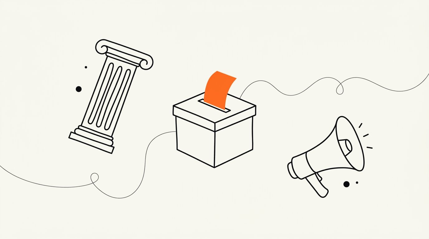 Public sector marketing, government procurement, and citizen reach: ink line illustration of a classical column, a tender box with a slot, and a megaphone, with a small solid orange paper slip entering the box.