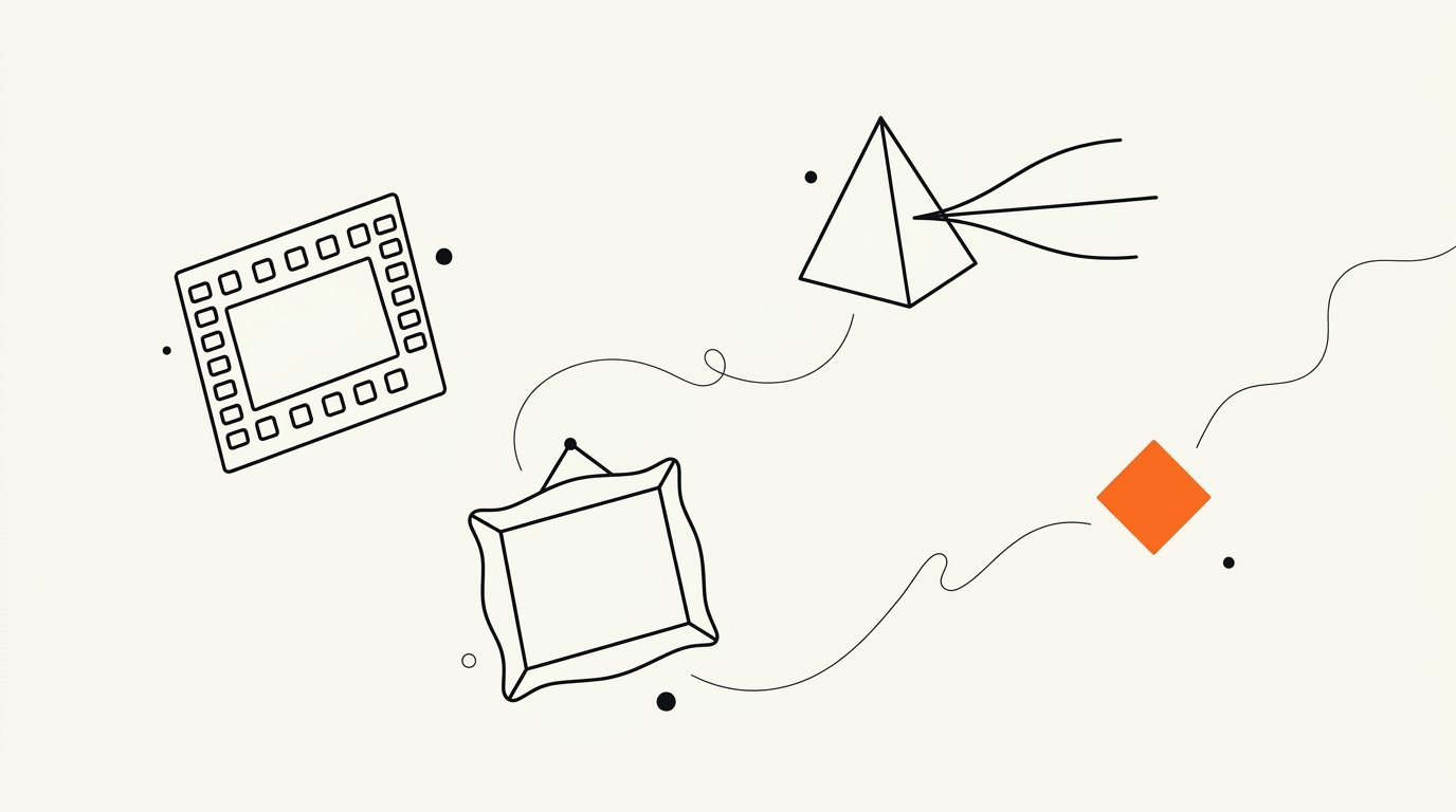 Qwen 3.8 multimodal AI vendor claim evaluation for marketing teams: ink line illustration of a film strip, a prism splitting one line into three streams, and an empty picture frame, with a small solid orange diamond marking an unverified claim checkpoint.