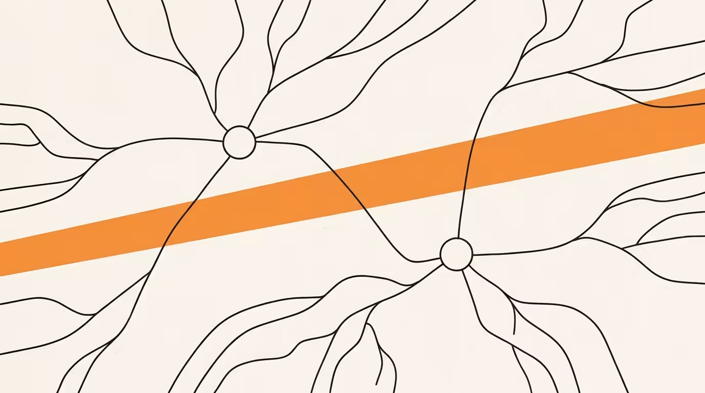 2D line illustration on cream paper with a warm brand orange horizontal accent plane crossing diagonally, abstract branching decision-path lines converging at two geometric circle endpoints, ink line-art editorial style.