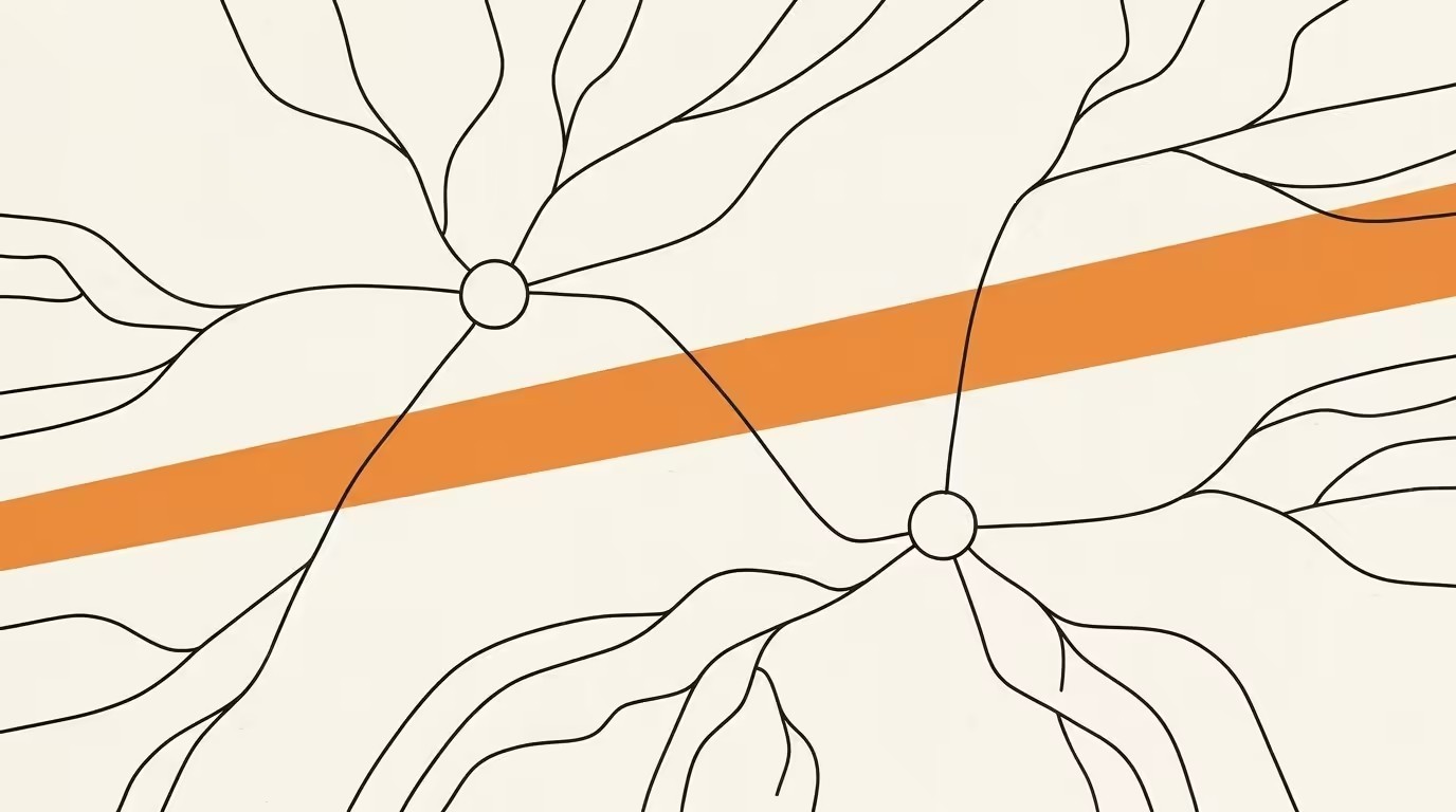 Editorial diagram of a decision-tree branching from a self-serve node to a partner engagement node, ink line-art on cream paper.