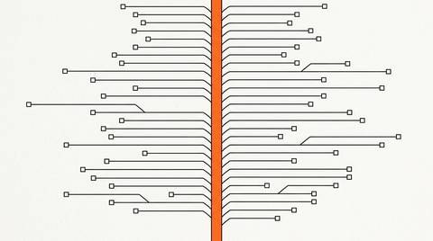 Editorial line illustration: branching thread-lines from a central vertical spine representing Reddit community signal converging into a single intent plane, with a brand-orange accent, on cream paper.