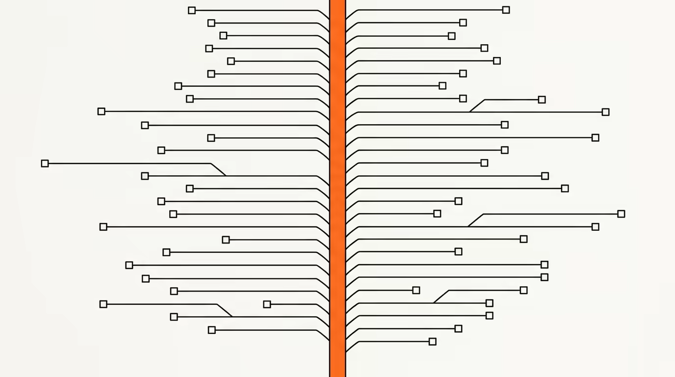 Abstract editorial illustration: converging thread-lines representing community signal flows on a cream paper background, with a single brand-orange horizontal accent plane representing the moment community intent meets advertising.