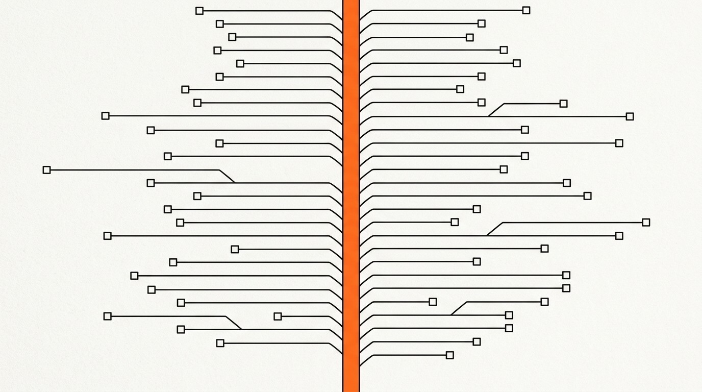 Abstract editorial illustration: converging thread-lines representing community signal flows on a cream paper background, with a single brand-orange horizontal accent plane representing the moment community intent meets advertising.