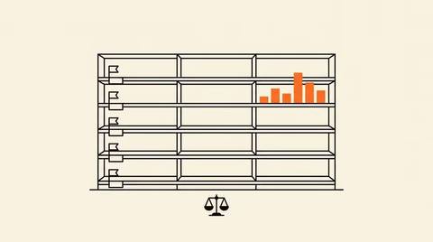 Editorial diagram of retail media shelf rows by market with performance indicator bars, one bar filled in brand orange