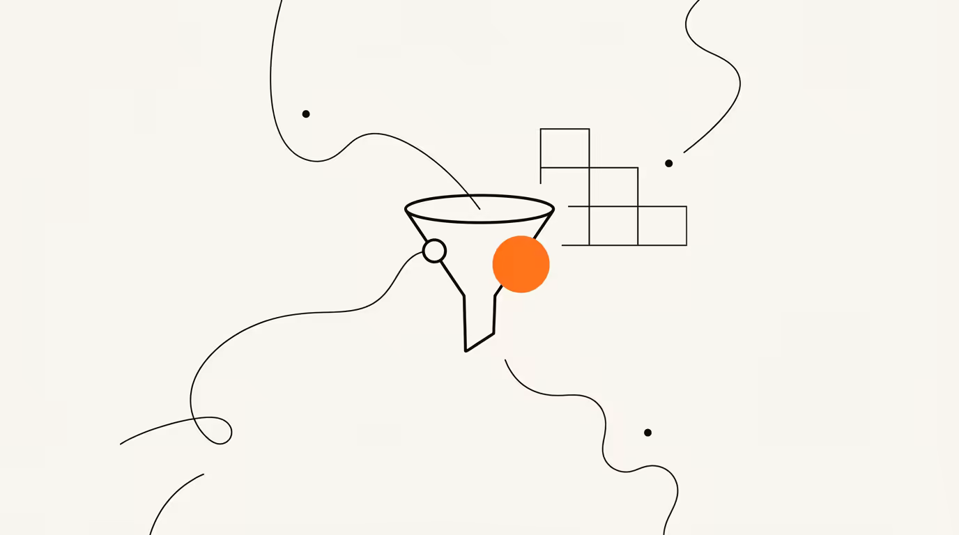 Editorial line illustration of a funnel narrowing downward beside a stepped retention-grid lattice, joined by wavy ink connectors, with a single solid orange circle marking one chosen measurement point on the funnel.