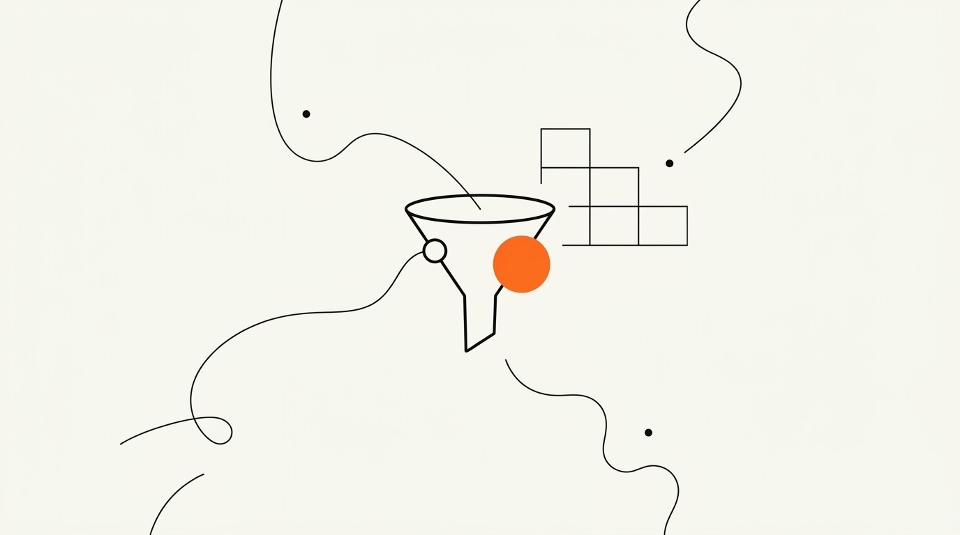 Editorial line illustration of a funnel narrowing downward beside a stepped retention-grid lattice, joined by wavy ink connectors, with a single solid orange circle marking one chosen measurement point on the funnel.