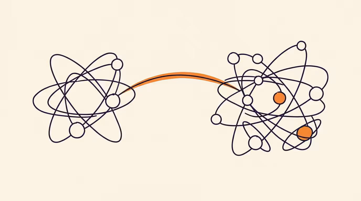 Constellation network illustration on cream paper: two orbital node clusters connected by a brand-orange bridge arc, representing classic search surfaces on the left and AI citation engines on the right.