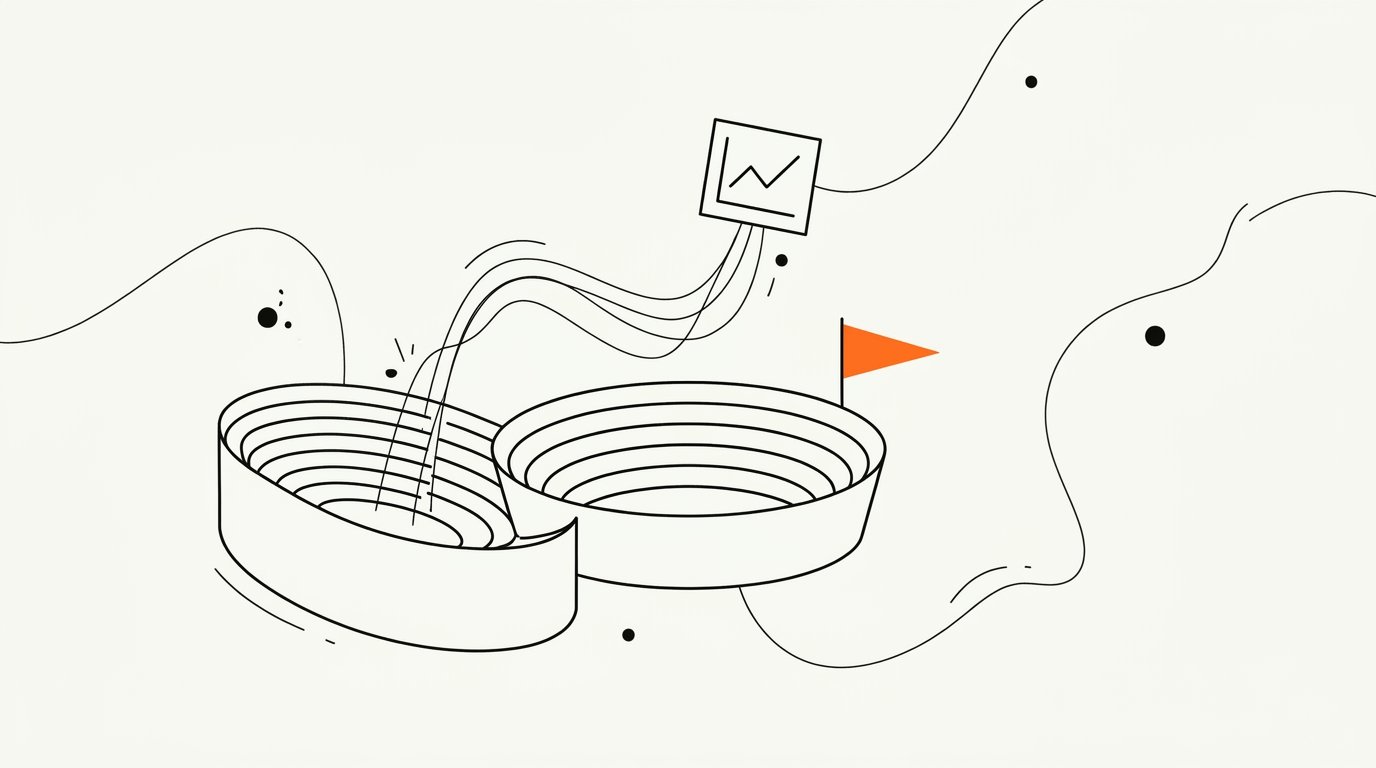 Sports marketing fan data and sponsorship ROI measurement: ink line illustration of a terraced stadium bowl with thin data lines rising to a floating chart card, and a small solid orange pennant on a mast at the rim.