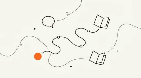 Schematic line illustration of a student story, a winding enrolment-journey path with node circles, and two open books, with a single brand-orange circle marking where the story enters the journey.