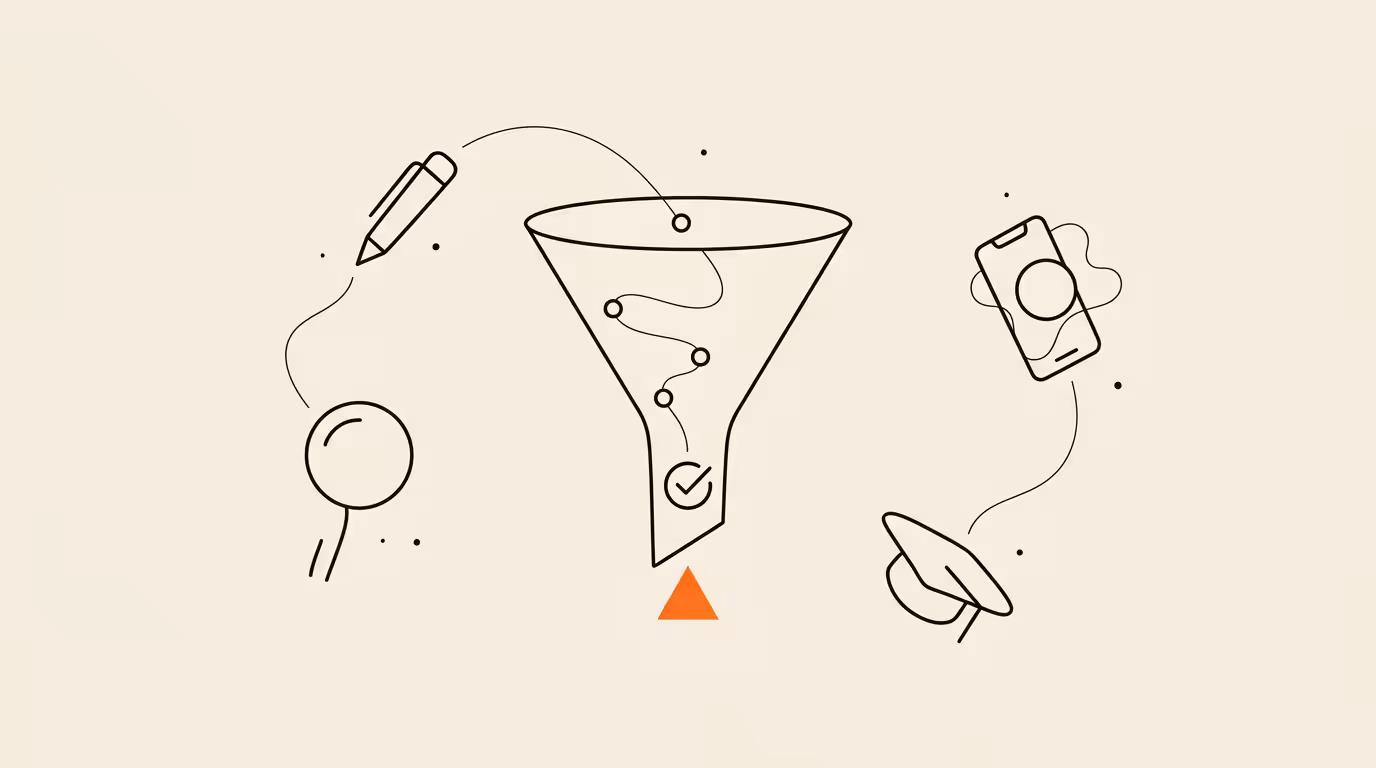 Schematic line illustration of an enrolment measurement funnel narrowing from inquiry at the top to enrolment at the tip, with node circles descending inside and a single brand-orange marker at the conversion point.