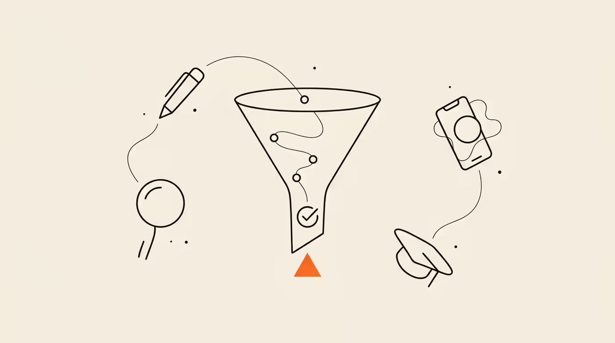 Schematic line illustration of an enrolment measurement funnel narrowing from inquiry at the top to enrolment at the tip, with node circles descending inside and a single brand-orange marker at the conversion point.