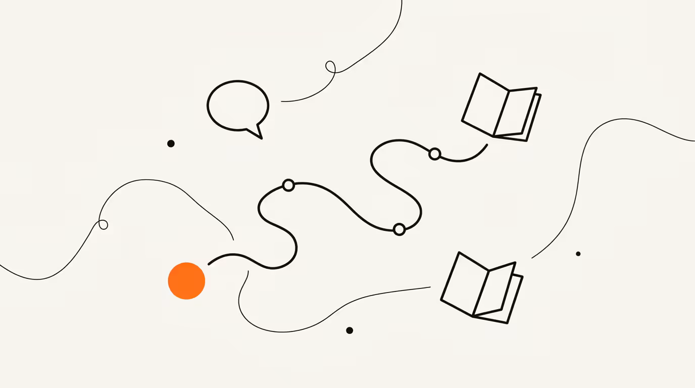 Schematic line illustration of a student story, a winding enrolment-journey path with node circles, and two open books, with a single brand-orange circle marking where the story enters the journey.