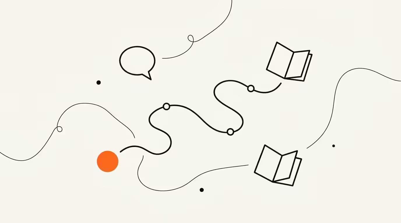 Schematic line illustration of a student story, a winding enrolment-journey path with node circles, and two open books, with a single brand-orange circle marking where the story enters the journey.