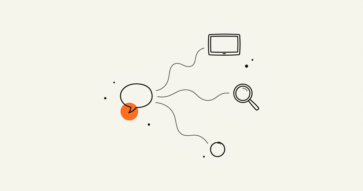 Schematic line illustration of a student story, a winding enrolment-journey path with node circles, and two open books, with a single brand-orange circle marking where the story enters the journey.