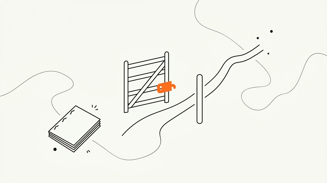 Abstract editorial illustration showing two diverging paths represented by warm orange and cream paper-tone waves, one path open and flowing, the other blocked by a dense circular disc, suggesting a gating decision point