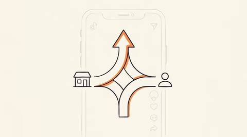Editorial illustration of a vertical video frame surrounded by automation arrows and a human hand on a dial, ink line-art on cream paper.