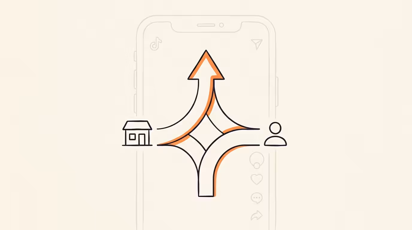 2D line illustration on cream paper showing a forking decision path with two branches converging into a single upward arrow, abstract TikTok phone outline in the background, brand orange accent shapes, no text in image.