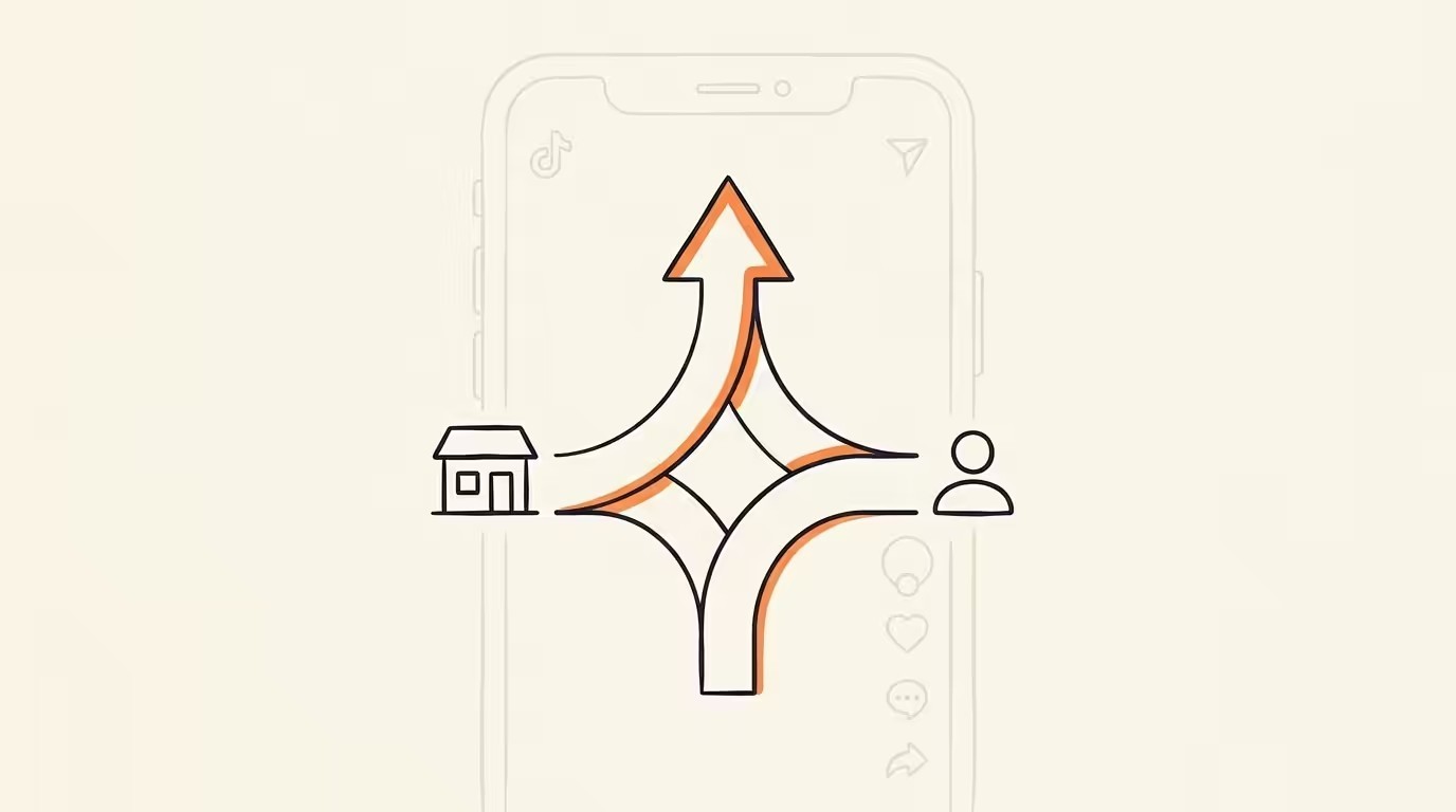 Editorial illustration of a vertical video frame surrounded by automation arrows and a human hand on a dial, ink line-art on cream paper.
