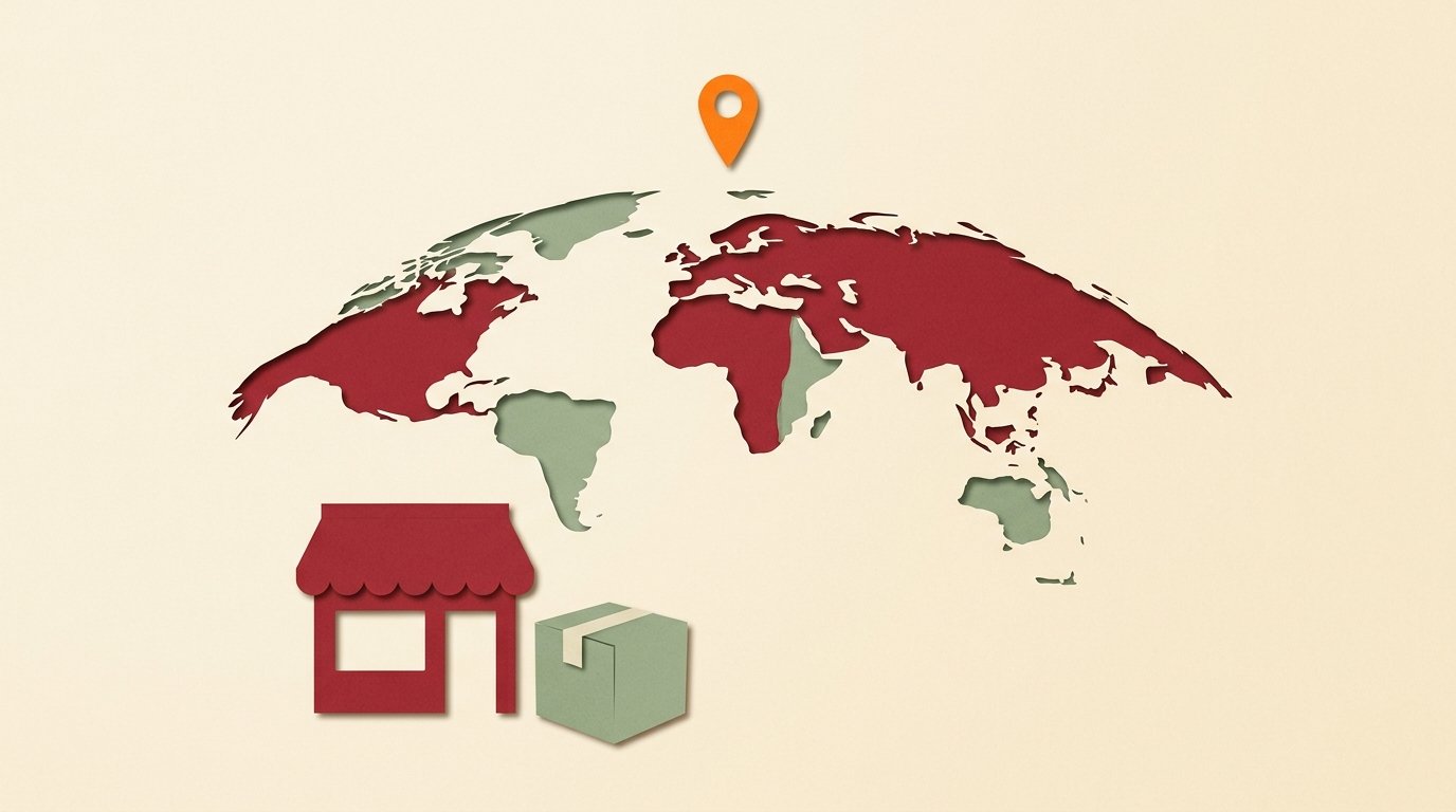 TikTok Shop availability by market: paper cutout collage of a world-map arc, a storefront, and a parcel box with a bright orange map pin marking a live market.