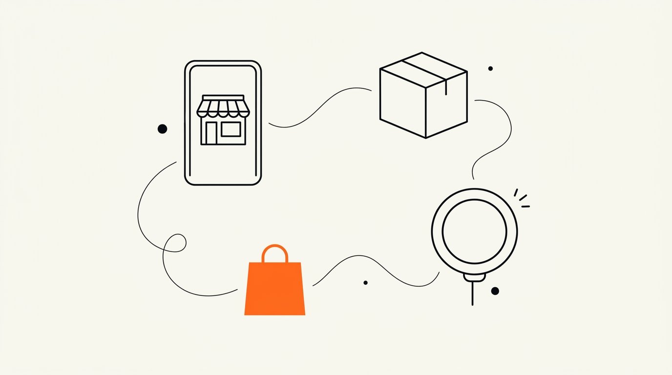 TikTok Shop Singapore live commerce: smartphone outline emitting a broadcast arc connected by a wavy line to a shopping cart, with an orange circle marking the live purchase trigger point