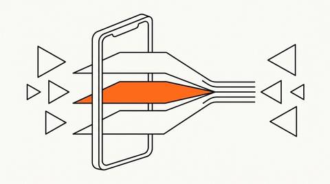 Editorial line illustration: vertical phone frame with three converging signal-layer planes representing TikTok Smart+ automated targeting, bidding, and creative, with a brand-orange accent plane, on cream paper.