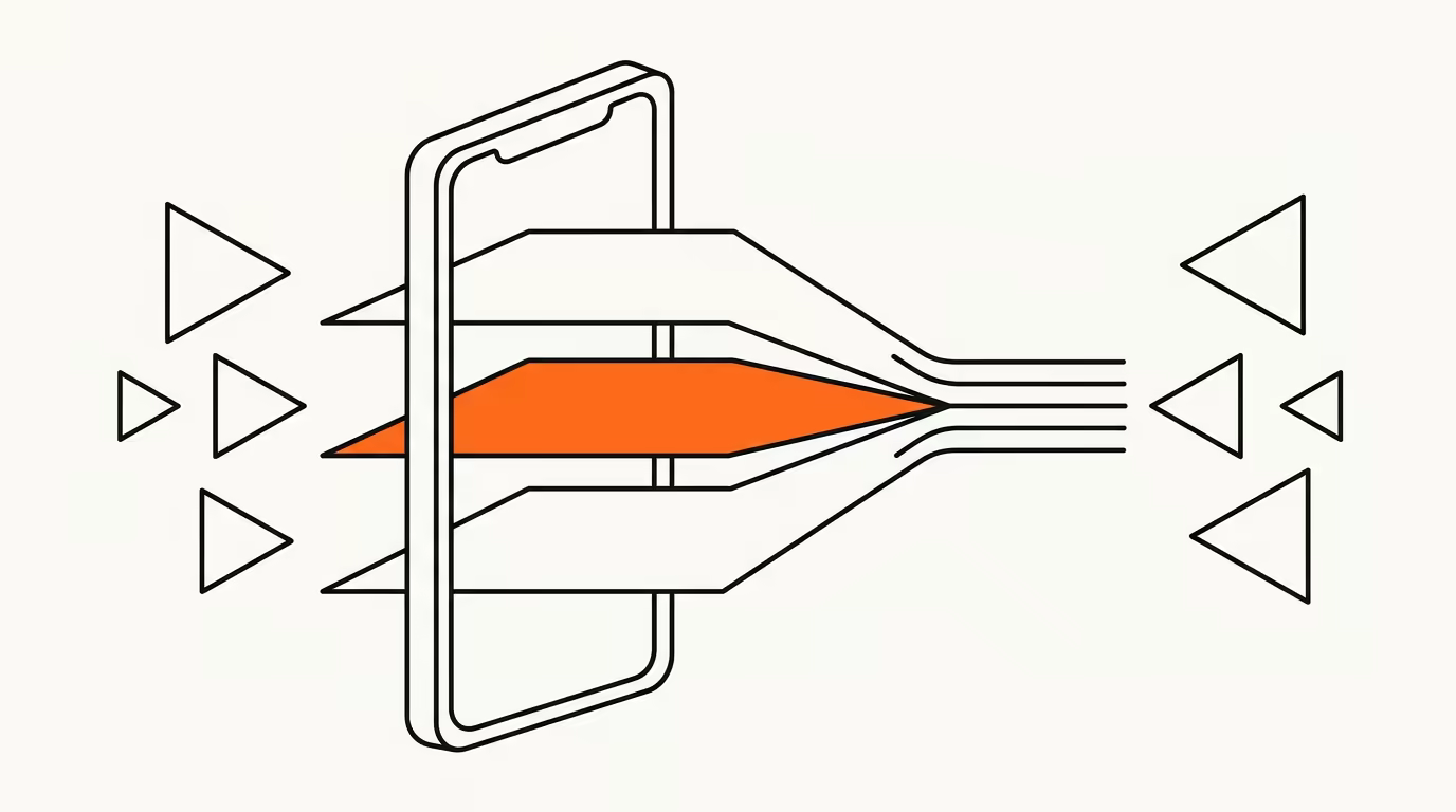 Object-frame editorial illustration: a mobile phone outline filled with layered geometric shapes representing targeting, bidding, and creative signals converging into a single AI optimisation loop, deep ink line-art on cream paper with a single brand-orange accent circle.