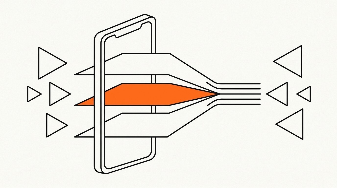 Object-frame editorial illustration: a mobile phone outline filled with layered geometric shapes representing targeting, bidding, and creative signals converging into a single AI optimisation loop, deep ink line-art on cream paper with a single brand-orange accent circle.