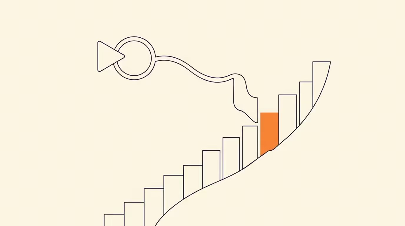 A play-triangle outline fused with a search ring above a rising staircase of bars, one solid orange step at the top, drawn in ink lines on cream paper, no text.