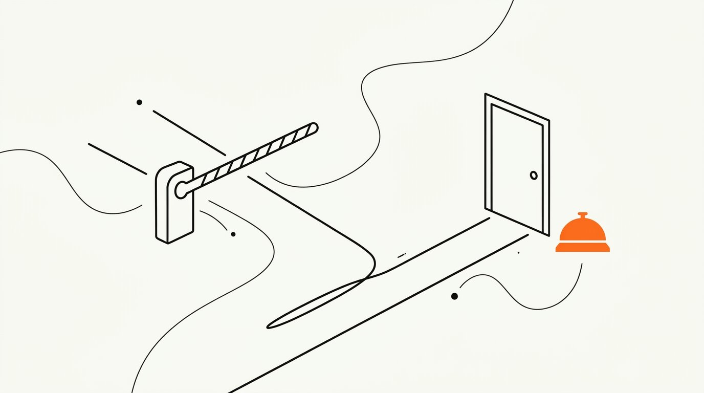 Hotel direct booking growth and OTA commission reduction: ink line illustration of one path blocked by a toll barrier and a second path bypassing it to a hotel door, with a small solid orange desk bell beside the door.
