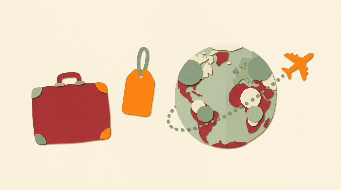 Travel insurance marketing and OTA embedded checkout strategy: paper cutout collage of a suitcase, blank luggage tag, and layered-paper globe with a flight arc, with a small orange paper plane following the arc.