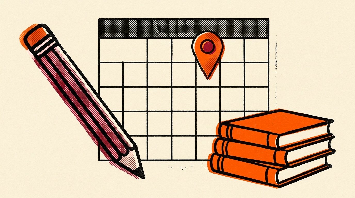 Tuition and enrichment centre marketing for parent buyers: screenprint illustration of a pencil, a calendar grid, and a map pin, with a small solid orange stack of books.
