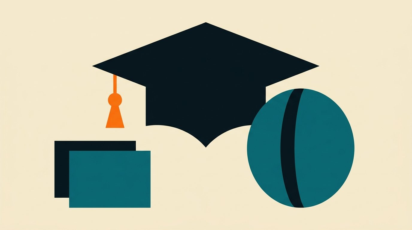 University student recruitment marketing in the AI discovery era: editorial poster of a mortarboard with a solid orange tassel, a globe disc, and two overlapping programme cards.