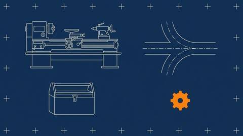 Blueprint-style drafting illustration on deep navy: a workshop lathe, a branching pathway fork, and a toolbox in fine cream lines, with a small solid orange cog.