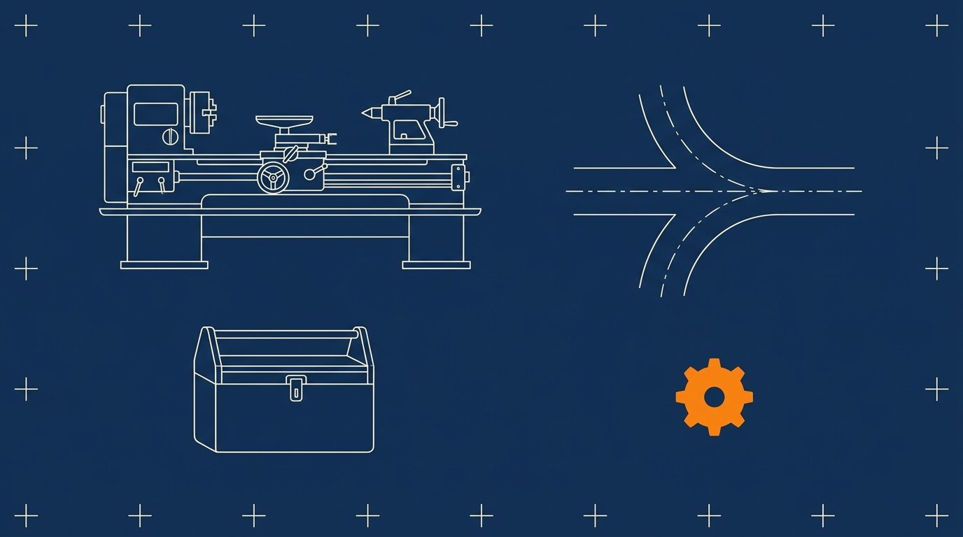 Vocational education marketing for TAFE, polytechnics, and community colleges: blueprint-style illustration of a workshop lathe, a branching pathway fork, and a toolbox in fine cream lines, with a small solid orange cog.