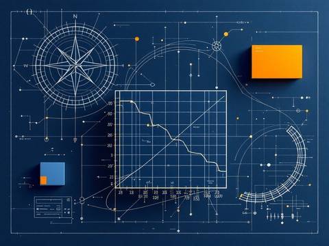 Wealth management marketing: blueprint-style technical drafting illustration on navy showing a compass rose outline, portfolio growth curve arc, and document card outline with solid orange accent on cream lines.