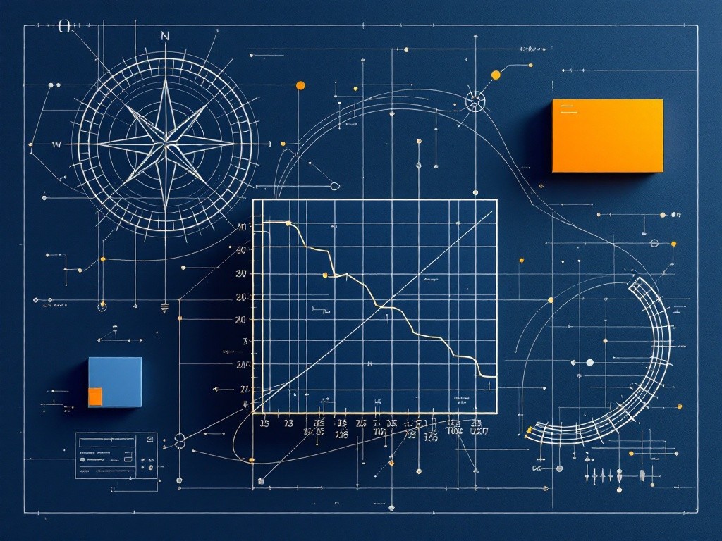 Wealth management marketing: blueprint-style technical drafting illustration on navy showing a compass rose outline, portfolio growth curve arc, and document card outline with solid orange accent on cream lines.