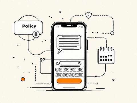 WhatsApp conversational marketing for insurance: ink line illustration of a smartphone with a chat thread, connected by curved lines to a policy shield and a renewal calendar, with a solid orange send-button circle accent.
