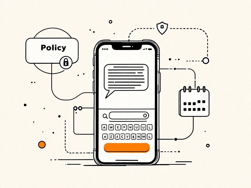 WhatsApp conversational marketing for insurance: ink line illustration of a smartphone with a chat thread, connected by curved lines to a policy shield and a renewal calendar, with a solid orange send-button circle accent.