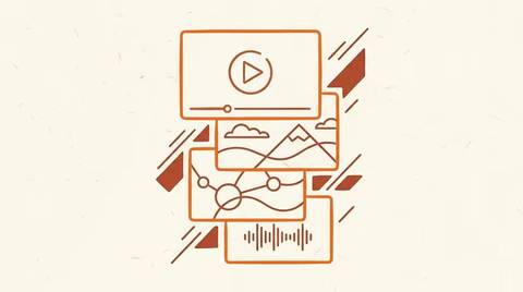 Illustrated editorial diagram of a play-button surrounded by Demand Gen campaign flows and a creative reel strip, ink line-art on cream paper.