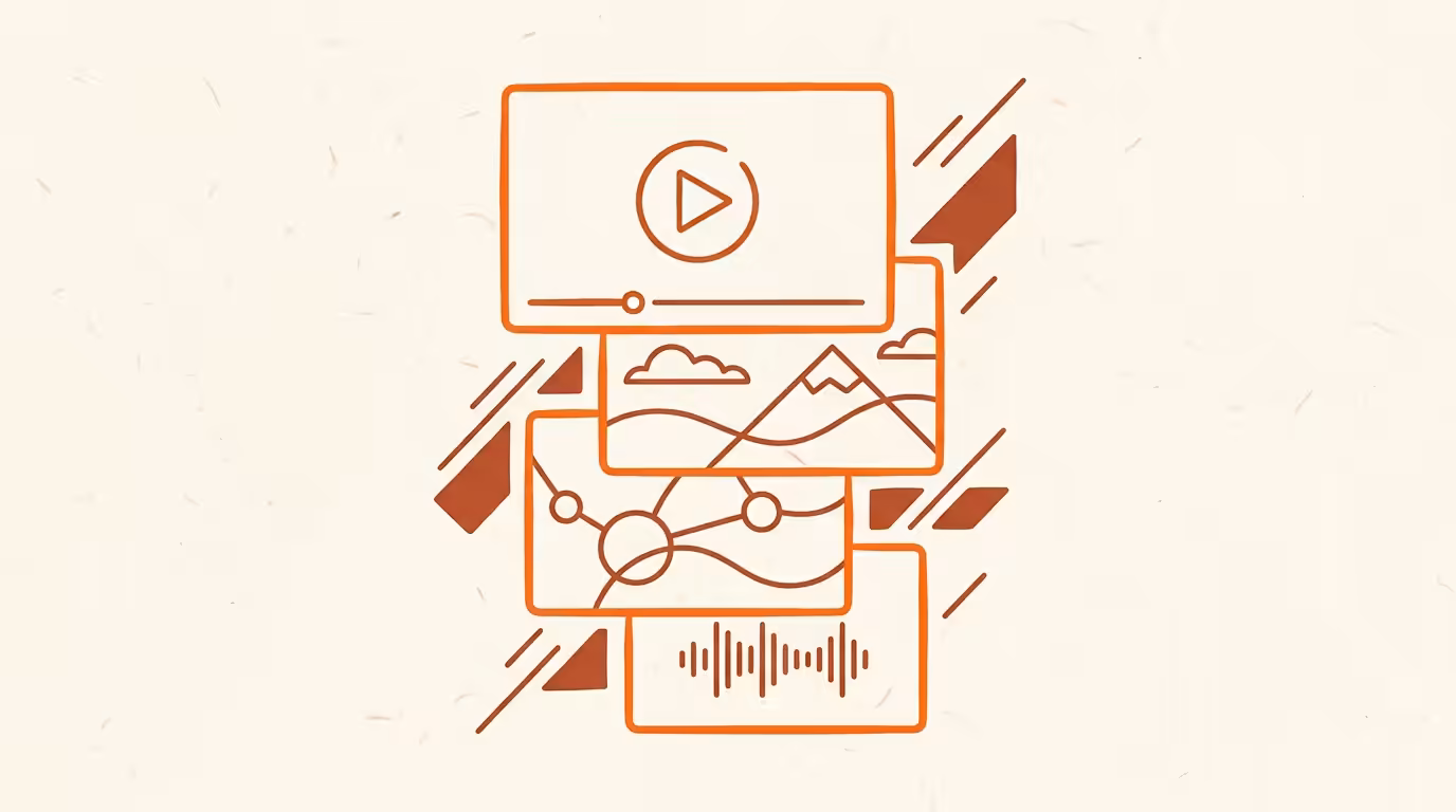 Abstract 2D line illustration on cream paper: stacked rectangular video frames in warm brand orange outline strokes, minimal geometric shapes suggesting play buttons and timelines, sparse diagonal accent lines.