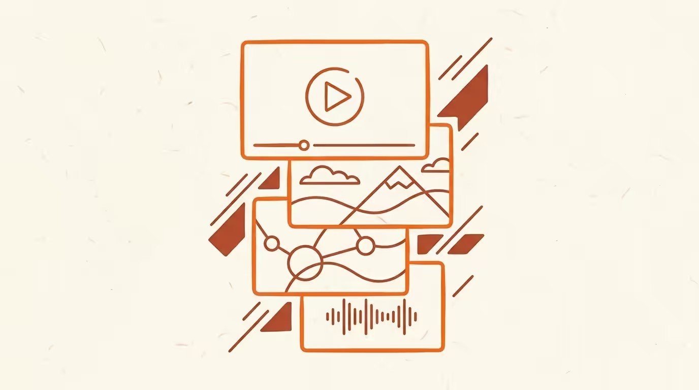 Illustrated editorial diagram of a play-button surrounded by Demand Gen campaign flows and a creative reel strip, ink line-art on cream paper.